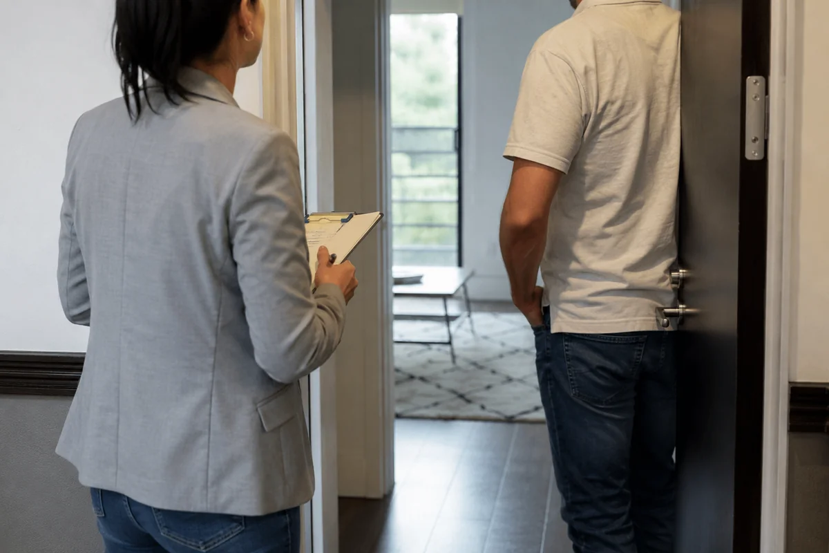 A property manager speaking with a resident