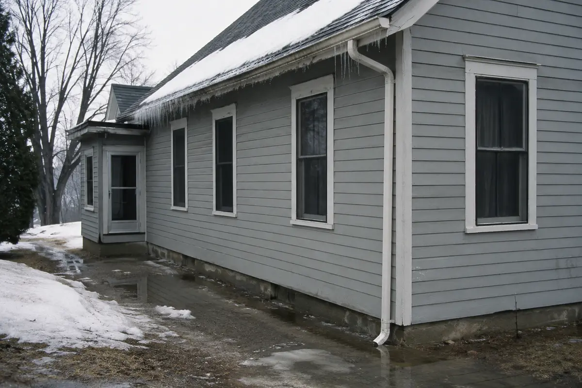 A New England home during a thaw with melting snow and ice along the eaves