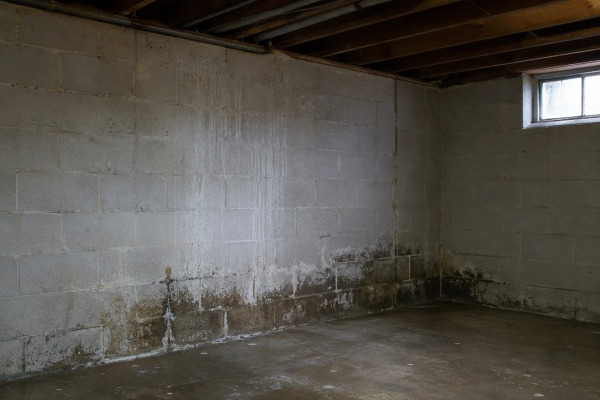 Damp basement wall with early mold growth