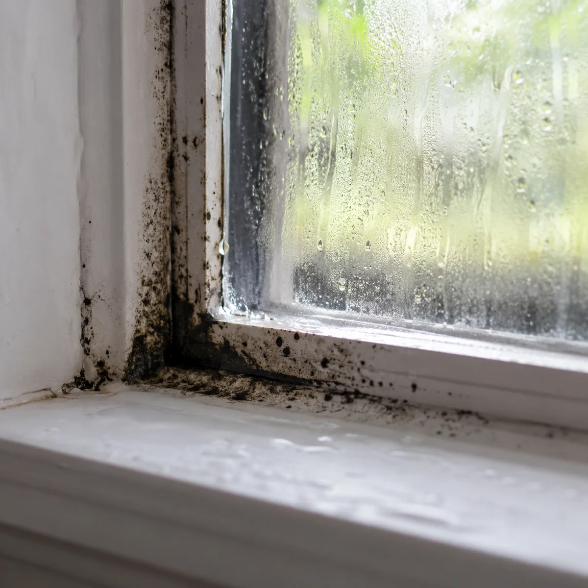 Condensation and mold spots along a window frame